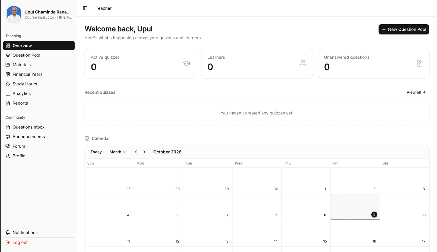 LMS teacher dashboard with calendar